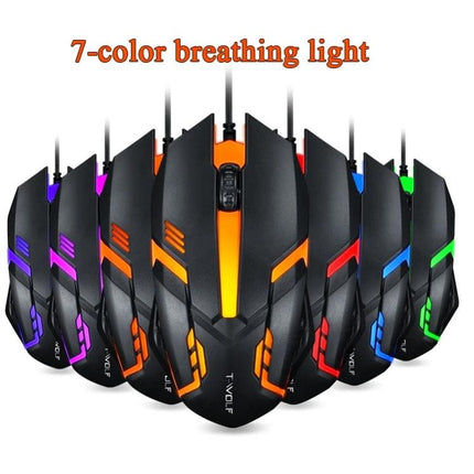 T-WOLF Wired Gaming Mouse with 7-Color Breathing Backlight showing multiple color LED options and ergonomic wired design