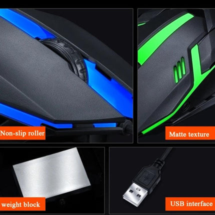 T-WOLF Wired Gaming Mouse with 7-Color Breathing Backlight showing non-slip roller, matte texture, weight block and USB interface