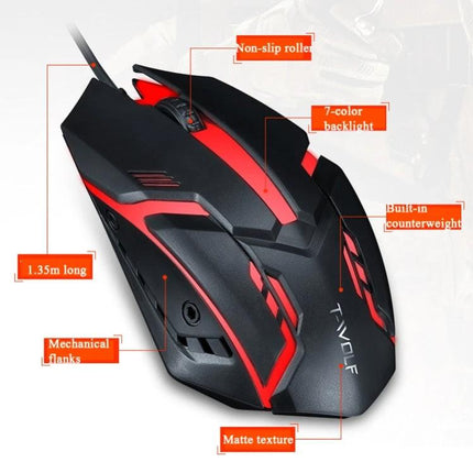T-WOLF Wired Gaming Mouse with 7-Color Breathing Backlight — black ergonomic wired optical mouse with red accents, 7-color breathing LED