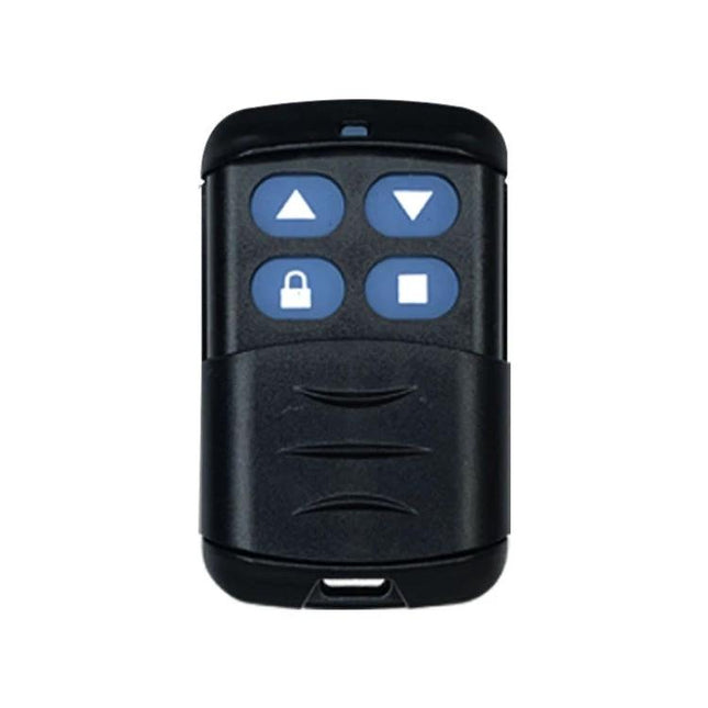 Universal Remote Controller for Garage Doors and Shutters, Pack of 2 - compact black 4-button remote with up/down/lock/stop symbols