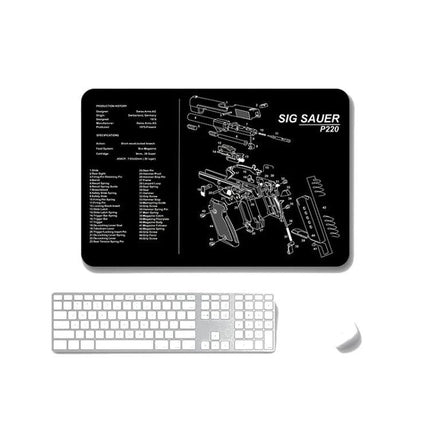 Non-Slip Single-Sided Mouse Pads for Office and Gaming, Set of 2 black gaming mouse pad with SIG SAUER P220 exploded diagram and keyboard