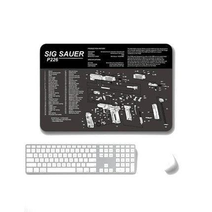 Non-Slip Mouse Pad Set of 2 for Office and Gaming Use - black gun diagram cloth surface with rubber base shown next to keyboard and mouse