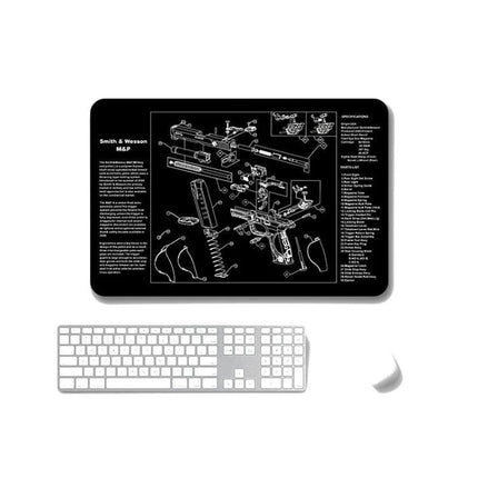 Non-Slip Mouse Pad Set of 2 for Office and Gaming Use with black schematic firearm design on cloth surface, rubber base for stability under keyboard and mouse