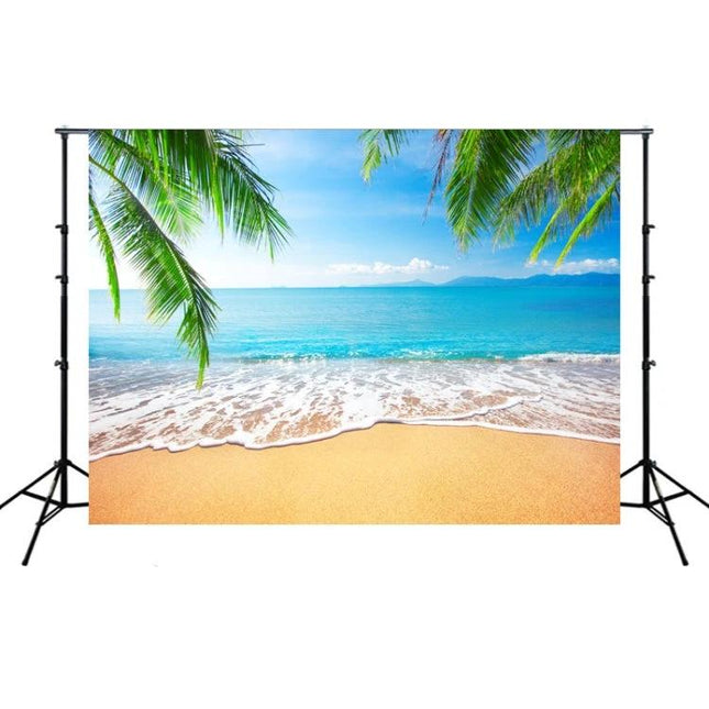 Coconut Tree Sea View Photography Background Cloth, 210 x 150 cm showing tropical beach, palm fronds, ocean waves and sandy shore on vinyl backdrop