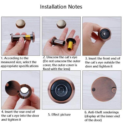 Wide-Angle HD Glass Security Door Viewer for Everyday Home Protection — installation steps showing parts, lens, front/rear insertion, and anti-theft cover