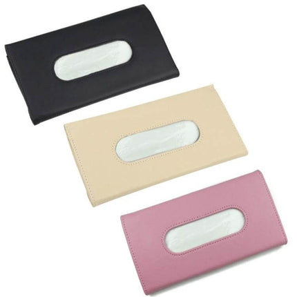 Car Hanging Tissue Box For Sun Visor And Seat Back Storage - PU leather slim tissue holder in black beige and pink, 23 x 13 x 5 cm