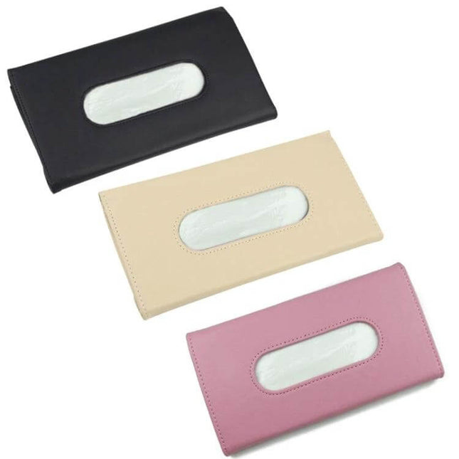 Car Hanging Tissue Box For Sun Visor And Seat Back Storage - PU leather slim tissue holder in black beige and pink, 23 x 13 x 5 cm