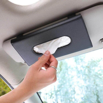 Car Hanging Tissue Box For Sun Visor And Seat Back Storage in black PU leather mounted on sun visor with hand pulling tissue