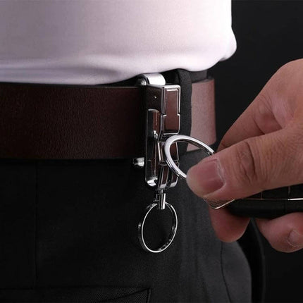 Jobon Car Keychain with Detachable Double Ring for Easy Key Access attached to belt clip showing detachable rings and zinc alloy finish