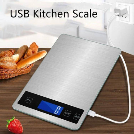 Portable USB Kitchen Scale For Precise Cooking And Baking - brushed stainless digital scale with LED display, USB charging, compact 22.9x16x2cm