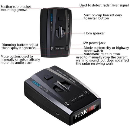 RAD1000 Portable Car Laser Radar Speed Detector for Vehicles mounted in car with labeled buttons and suction cup bracket