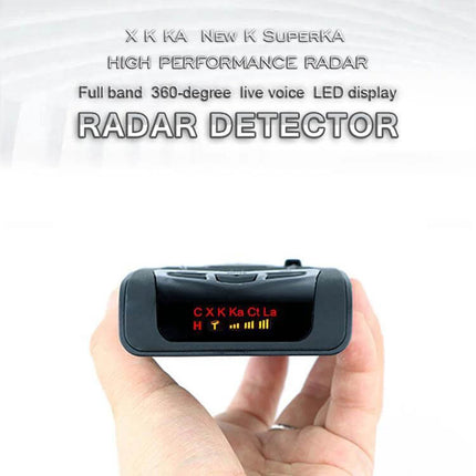 STR550 Car Laser Radar Detector with English Support handheld unit showing LED display and full-band radar icons