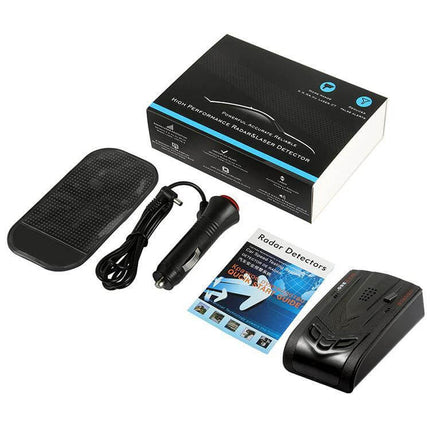 STR550 Car Laser Radar Detector with English Support - kit with detector, power cord, sticky pad, manual and box for highway speed alert