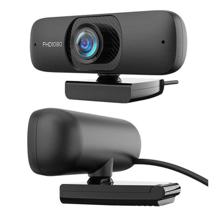 Webcam with Microphone for Video Calls and Live Streaming showing FHD1080 lens, integrated mic, clip base and simple USB setup for Zoom, teaching, and streaming