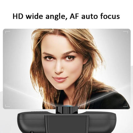 Webcam with Microphone for Video Calls and Live Streaming showing HD wide angle lens and auto focus for clear video and audio