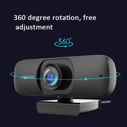 Webcam with Microphone for Video Calls and Live Streaming showing 360 degree rotation and easy adjustment for Zoom, streaming, and online teaching
