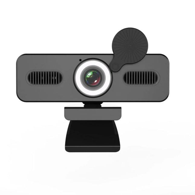 High-Definition USB Webcam with Omnidirectional Microphone for Video Calls front view with privacy cover and clip-on mount