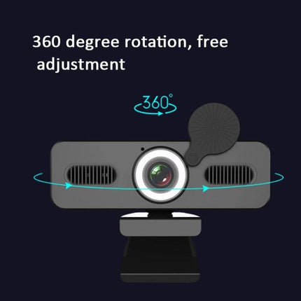 High-Definition USB Webcam with Omnidirectional Microphone for Video Calls showing 360 degree rotation and privacy cover
