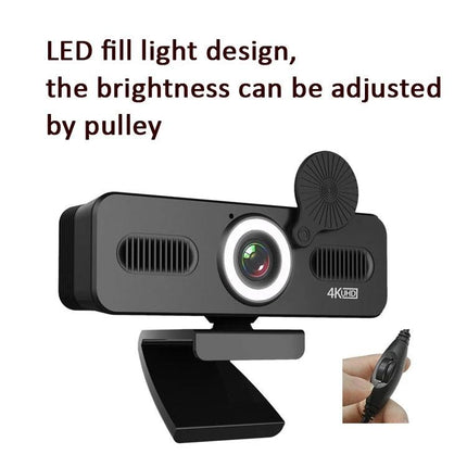 High-Definition USB Webcam with Omnidirectional Microphone for Video Calls - 4K webcam with LED fill light, adjustable brightness, clip mount and remote control