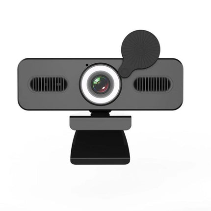High-Definition USB Webcam with Omnidirectional Microphone for Video Calls front view on stand showing lens and microphone grille, plug-and-play USB webcam