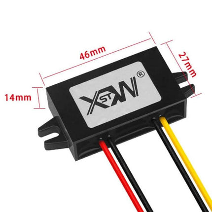 DC 12/24V To 5V Step-Down Converter Module For Vehicles compact black converter module with wires and mounting tabs (46x27x14mm)