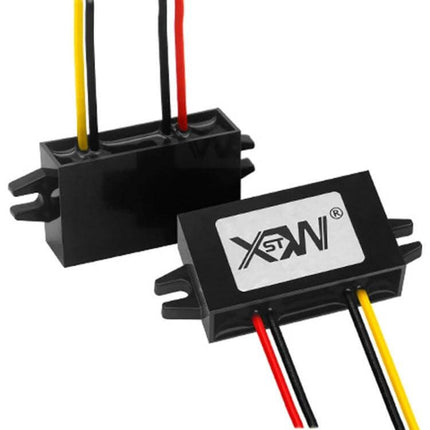 DC 12/24V To 5V Step-Down Converter Module For Vehicles compact black module with red, black and yellow wires for car USB and electronics power