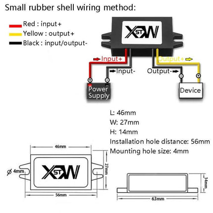 DC 12/24V To 5V Step-Down Converter Module For Vehicles wiring diagram showing input/output, dimensions and mounting holes for vehicle installation