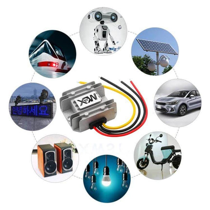 DC 12/24V To 5V Step-Down Converter Module For Vehicles compact automotive voltage regulator with wires powering USB, LEDs, solar and vehicle electronics