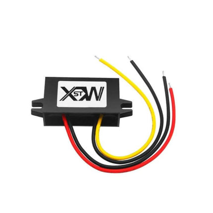 DC 12/24V To 5V Step-Down Converter Module For Vehicles compact black module with red, yellow and black input/output wires