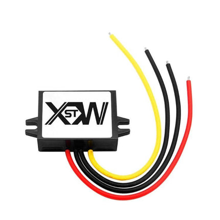 DC 12/24V To 5V Step-Down Converter Module For Vehicles - compact black regulator module with red, black, yellow wires for car USB and devices