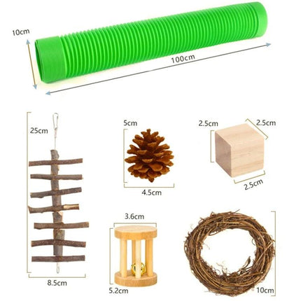 Essential Wooden Toys for Small Pets at Home Daily - green play tunnel with pine cone, wooden blocks, ladder, bell toy and vine ring set