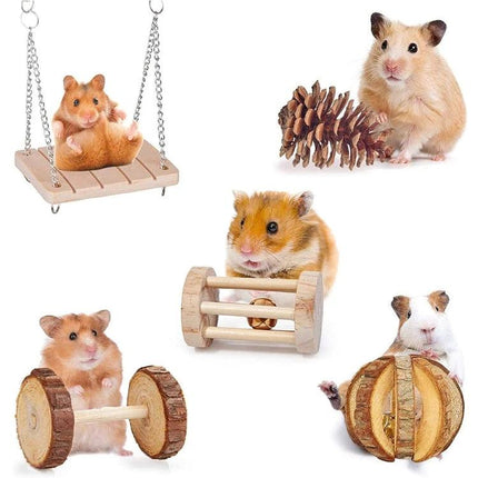 Essential Wooden Toys for Small Pets at Home Daily - hamsters with wooden swing, pine cone, chew wheel and rolling toys for cage play