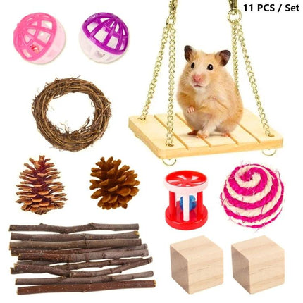 Essential Wooden Toys for Small Pets at Home Daily hamster on wooden swing with pine cones blocks sticks and chew toys