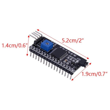 LCD1602 Adapter Board for Electronic Projects - 5 Pack showing I2C module with dimensions, potentiometer and header pins