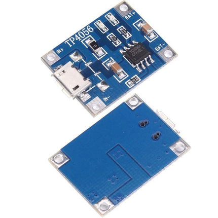 Set of 10 Micro USB Lithium Battery Charger Boards shown as two TP4056 modules with micro USB input and solder pads for single-cell lithium batteries
