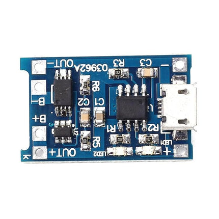 Set of 10 Micro USB Lithium Battery Charger Boards close-up photo of single blue PCB with micro USB input and charging components