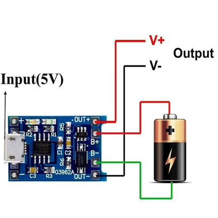 Set of 10 Micro USB Lithium Battery Charger Boards showing wiring diagram with micro USB input, V+ V- B+ B- labeled and single-cell battery connection