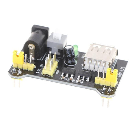 Breadboard Power Supply Module for DIY Electronics Projects showing 3.3V and 5V pins, USB port, barrel jack and adjustment components on PCB