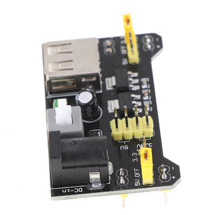 Breadboard Power Supply Module for DIY Electronics Projects compact board showing 3.3V and 5V jumpers, DC barrel jack and USB output