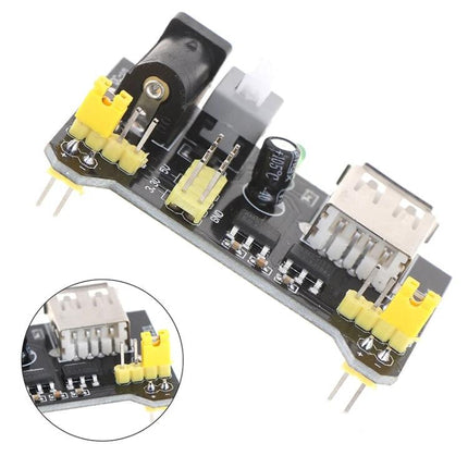 Breadboard Power Supply Module for DIY Electronics Projects compact board with USB and dual 3.3V/5V output pins for breadboard prototyping