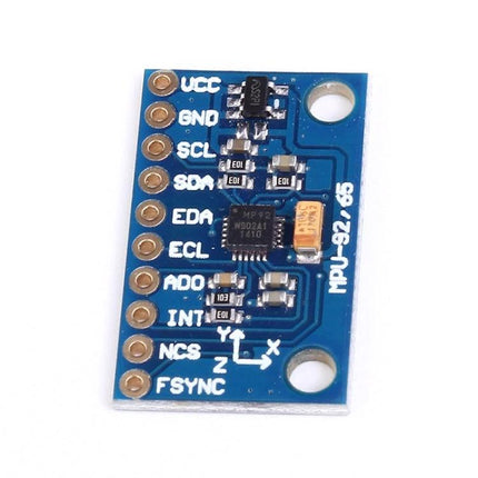 9-Axis Sensor Board Module for DIY Electronics and Robotics Projects showing MPU-9250 chip, labeled pins (VCC, GND, SCL, SDA) and mounting holes