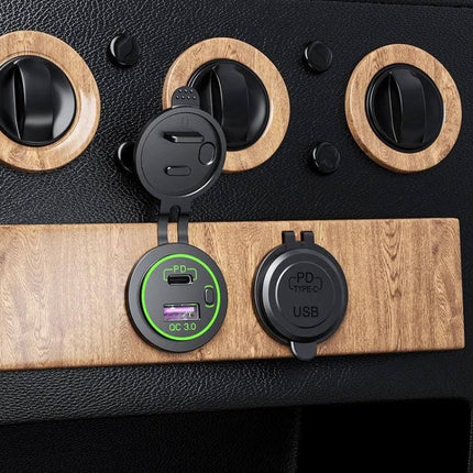 Waterproof USB Charger for Cars and Motorcycles With Fast Charge installed in dashboard showing PD Type-C and QC3.0 ports, sealed waterproof caps