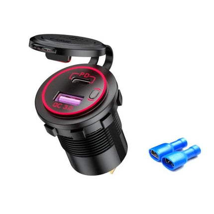 Waterproof USB Charger for Cars and Motorcycles With Fast Charge — compact ABS 12–24V waterproof fast charge USB PD and QC3.0 socket with cap