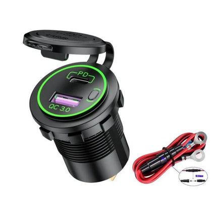 Waterproof USB Charger for Cars and Motorcycles With Fast Charge - round waterproof dual USB PD QC3.0 car motorcycle charger with wiring kit