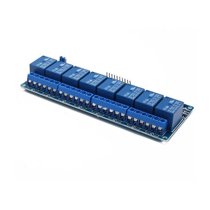 Eight-Channel Relay Module for Versatile Electronic Projects - blue PCB with eight relays, screw terminals and header for DIY automation and robotics