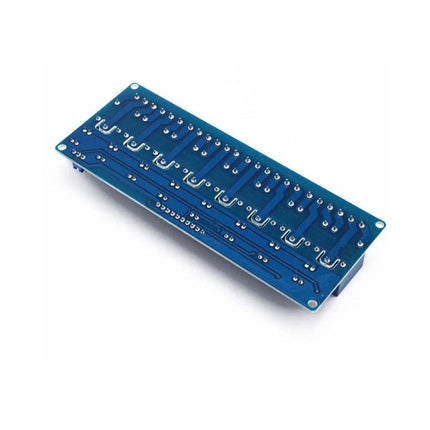 Eight-Channel Relay Module for Versatile Electronic Projects blue PCB showing eight relay channels, solder points and isolated wiring for DIY automation