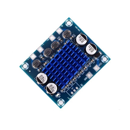 Dual-Channel Digital Audio Amplifier for Music Systems small Class D board with blue heatsink and capacitors for home audio