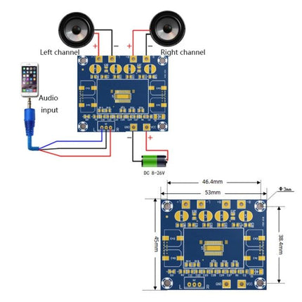 Dual-Channel Digital Audio Amplifier for Music Systems board diagram showing wiring to left and right speakers, audio input and DC 8–26V power