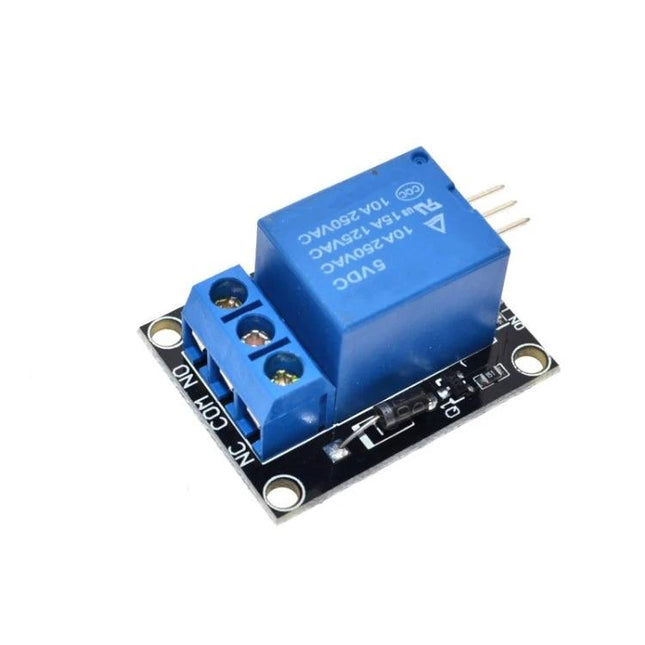 5V Relay Module for Arduino Projects and Home Device Control showing single-channel relay board with screw terminals and blue relay