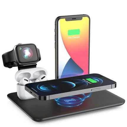 HQ-UD17 4 In 1 Wireless Charger Phone Holder For iPhone iWatch AirPods Android - sleek black 3-device charging dock with phone, watch, AirPods